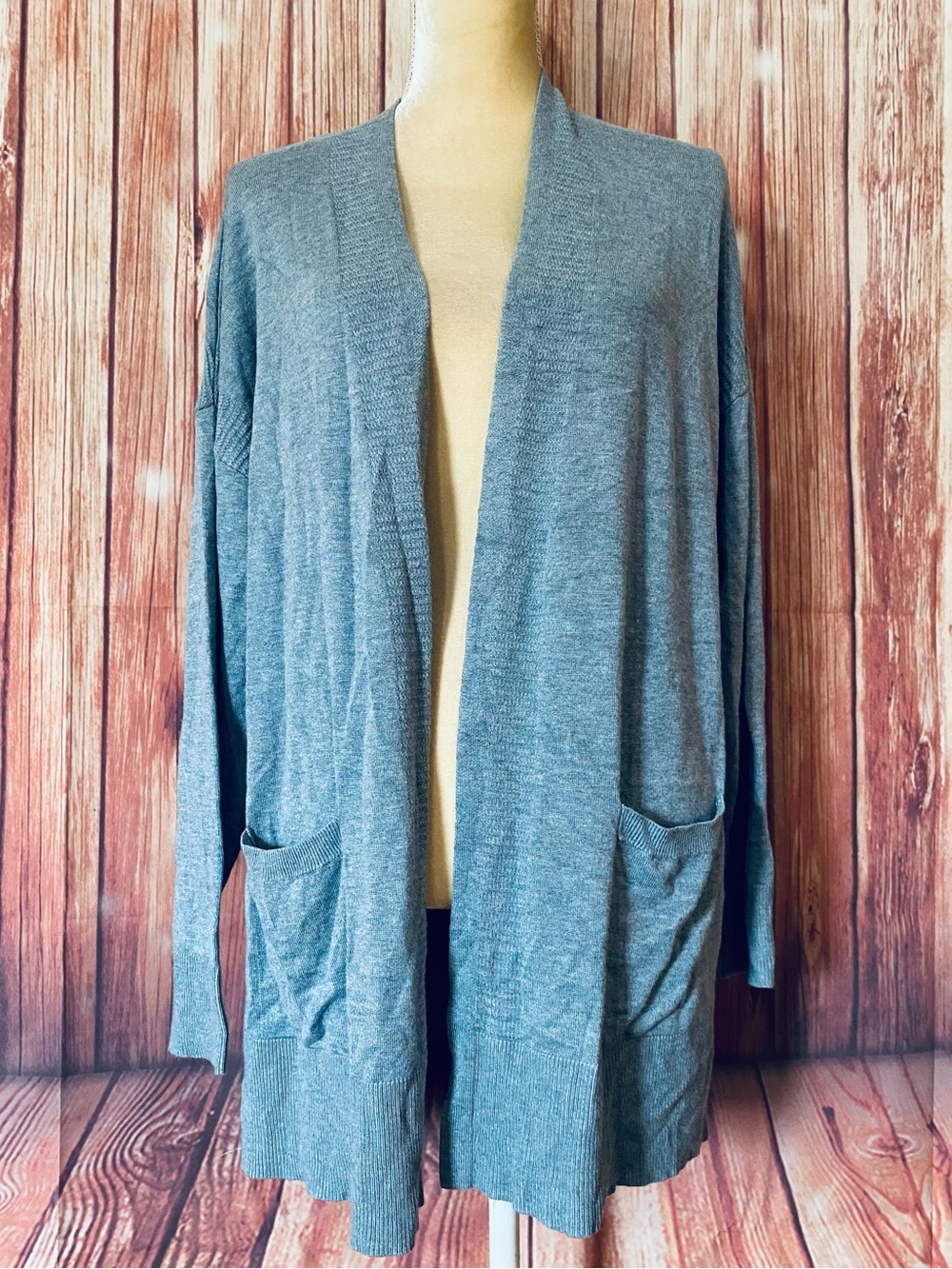 Women’s 14W Sweater Cardigan Terra Sky Heather Gray Open Front Pockets Soft Knit